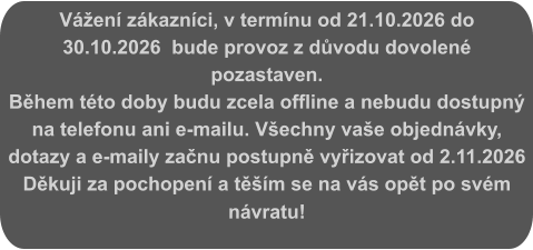 Vážení zákazníci, v termínu od 21.10.2026 do 30.10.2026  bude provoz z důvodu dovolené pozastaven. Během této doby budu zcela offline a nebudu dostupný na telefonu ani e-mailu. Všechny vaše objednávky, dotazy a e-maily začnu postupně vyřizovat od 2.11.2026 Děkuji za pochopení a těším se na vás opět po svém návratu!